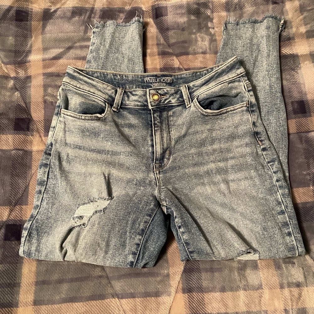 Distressed high rise jeans